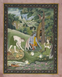 Rama, Lakshmana und Sita kochen und essen in der Wildnis